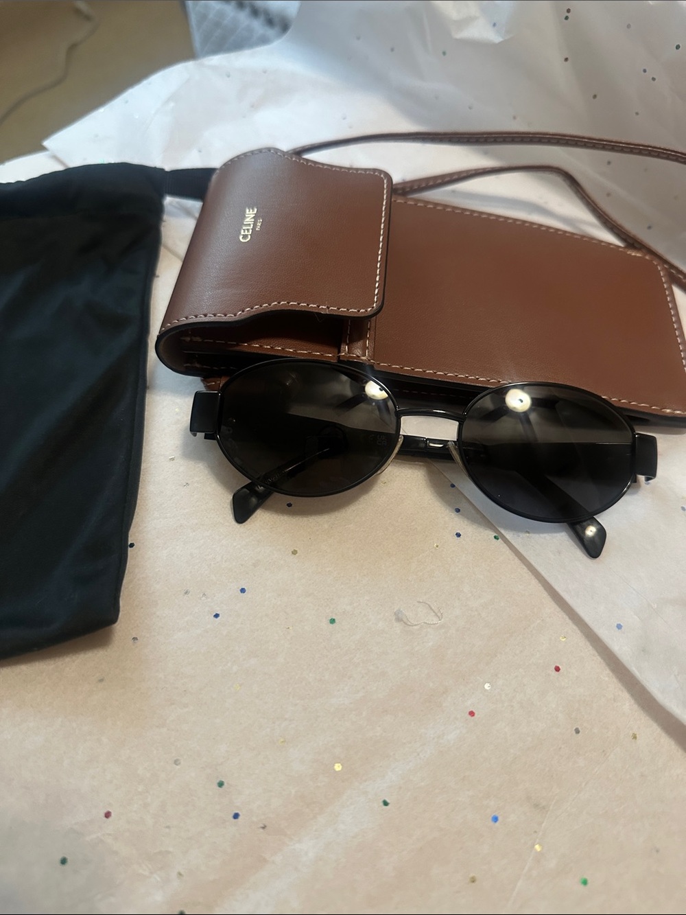 Authentic Celine Black Wire Frame Triomphe Sunglasses with Leather Crossbody Cas
